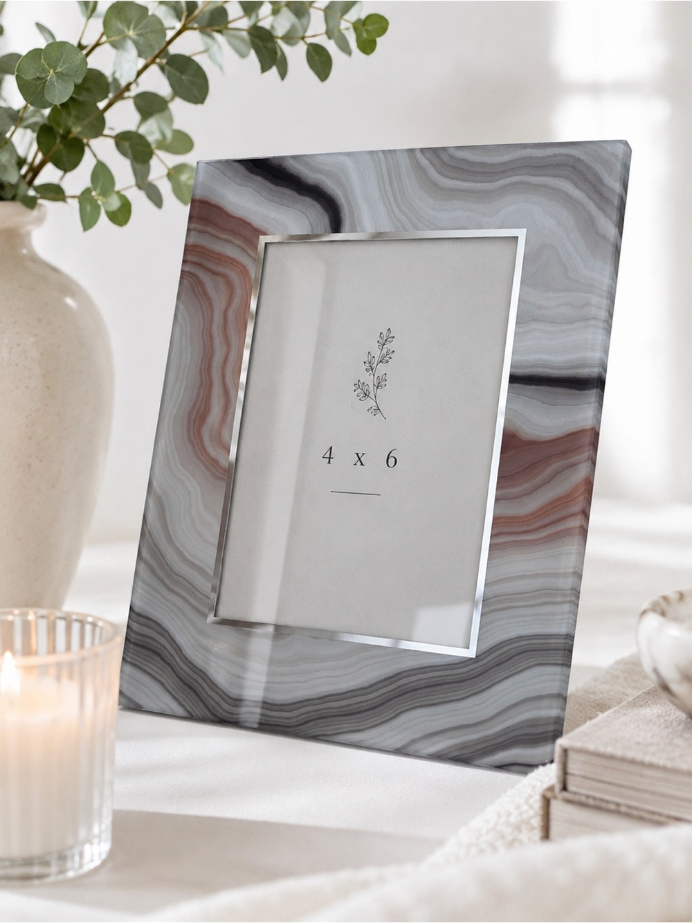 Modern Faux Agate Glass 4x6 Picture Frame Gray Marble Geode Decor Contemporary